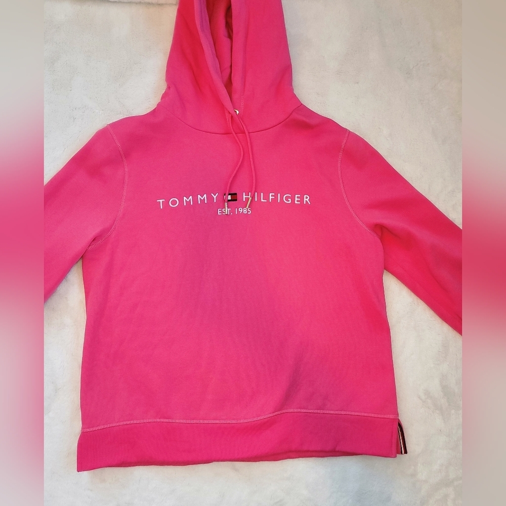 Tommy Hilfiger Pink Fleece Hoodie Women’s Small Embroidered Logo - Picture 2 of 4
